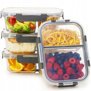 Sklenený Lunchbox na Potraviny, 2 Komory, Sada 4 Kusy